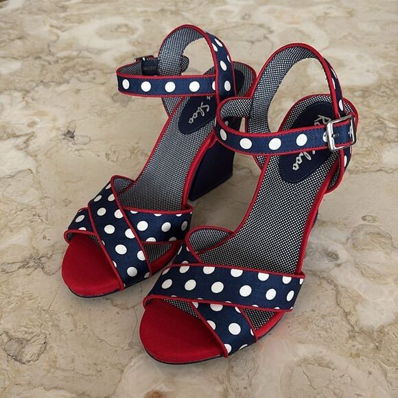 Ruby Shoo Evie Womens Shoes (Navy) Polka Dot Rockabilly Wedge Sandals - Picture 3 of 12